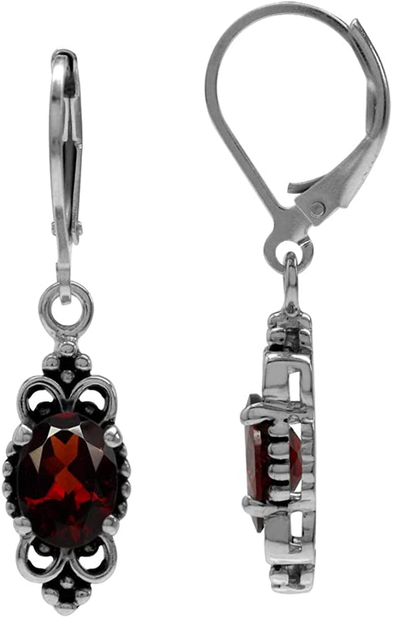 8X6Mm Oval Shape 925 Sterling Silver Bali Balinese Style Leverback Dangle Earrings… garnet-january birthstone