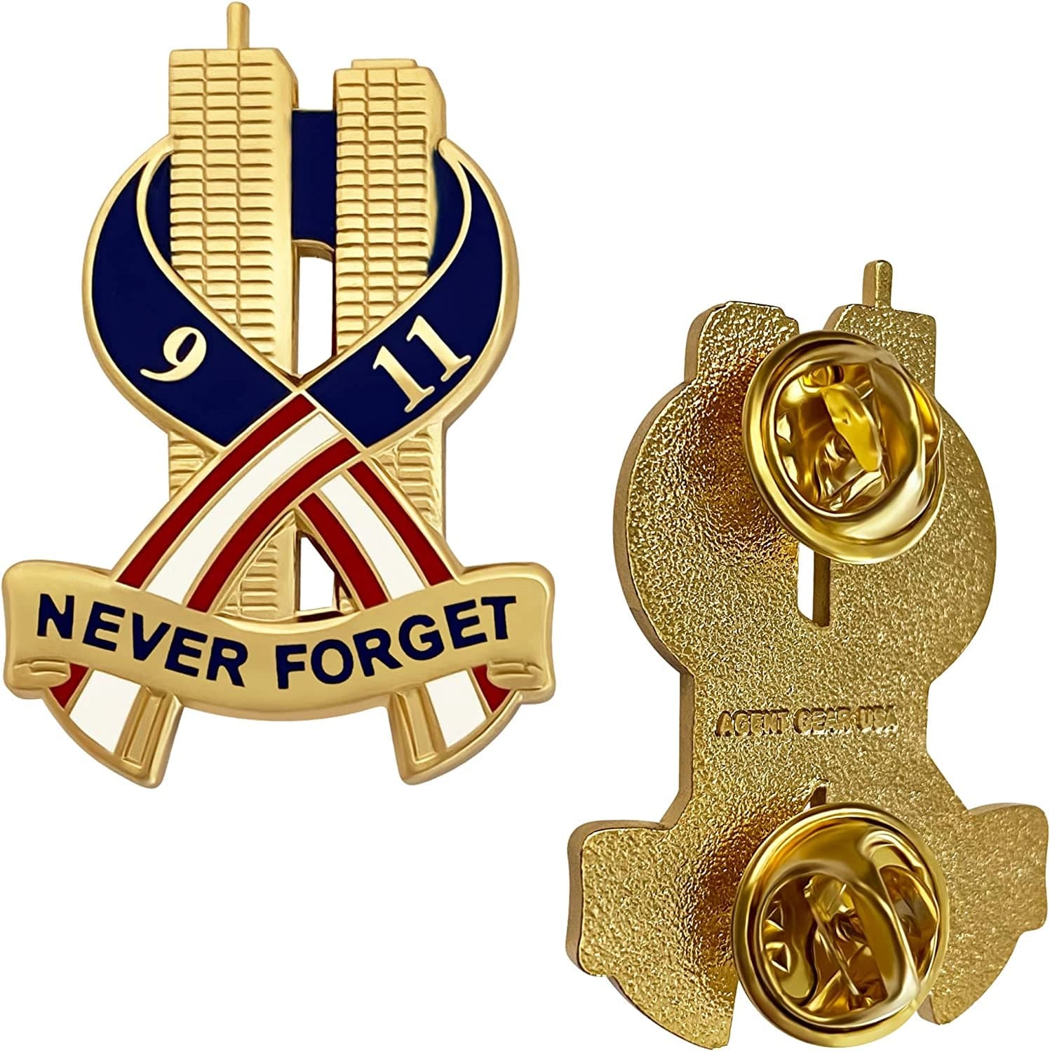 9-11 Pin Never Forget Commemorative Lapel Pin - September 11Th Twin Towers Patriotic Ribbon Insignia Gold