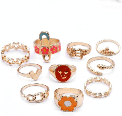 9-15PCS Knuckle Stacking Rings Set for Women Crystal Rhinestone Finger Statement Ring Sets Vintage Joint Knot Mid Rings for Teen Girls Stackable Rings Jewelry Accessories Gold-Flower