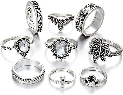 9-15PCS Knuckle Stacking Rings Set for Women Crystal Rhinestone Finger Statement Ring Sets Vintage Joint Knot Mid Rings for Teen Girls Stackable Rings Jewelry Accessories Silver-9PCS