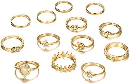 9-15PCS Knuckle Stacking Rings Set for Women Crystal Rhinestone Finger Statement Ring Sets Vintage Joint Knot Mid Rings for Teen Girls Stackable Rings Jewelry Accessories 12PCS-Gold