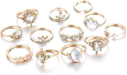 9-15PCS Knuckle Stacking Rings Set for Women Crystal Rhinestone Finger Statement Ring Sets Vintage Joint Knot Mid Rings for Teen Girls Stackable Rings Jewelry Accessories Gold Rhinestone