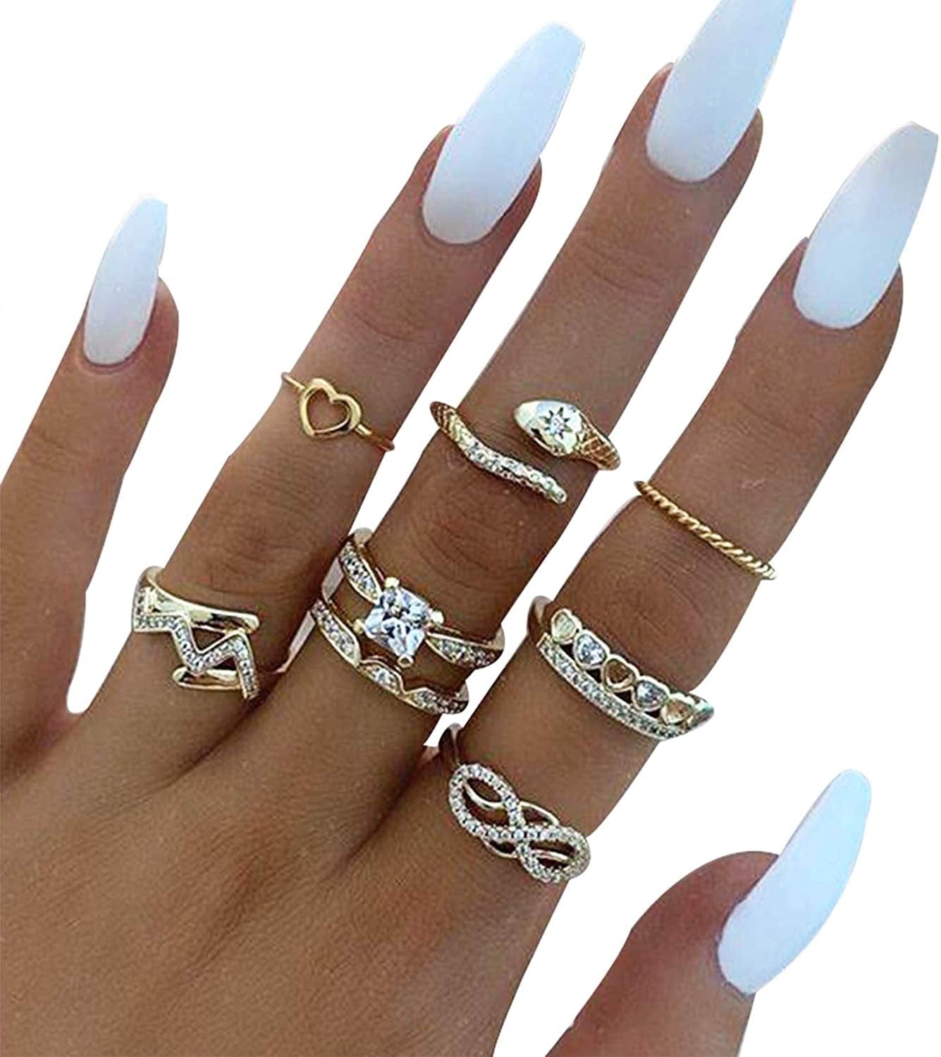 9-15PCS Knuckle Stacking Rings Set for Women Crystal Rhinestone Finger Statement Ring Sets Vintage Joint Knot Mid Rings for Teen Girls Stackable Rings Jewelry Accessories Snake-8PCS