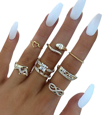9-15PCS Knuckle Stacking Rings Set for Women Crystal Rhinestone Finger Statement Ring Sets Vintage Joint Knot Mid Rings for Teen Girls Stackable Rings Jewelry Accessories Snake-8PCS