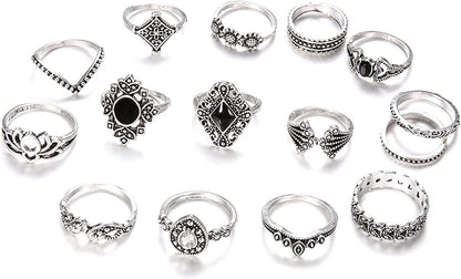 9-15PCS Knuckle Stacking Rings Set for Women Crystal Rhinestone Finger Statement Ring Sets Vintage Joint Knot Mid Rings for Teen Girls Stackable Rings Jewelry Accessories Black Gem-15PCS