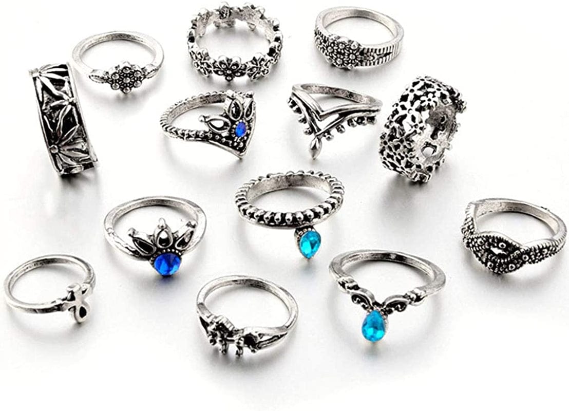 9-15PCS Knuckle Stacking Rings Set for Women Crystal Rhinestone Finger Statement Ring Sets Vintage Joint Knot Mid Rings for Teen Girls Stackable Rings Jewelry Accessories Silver-Blue Gem