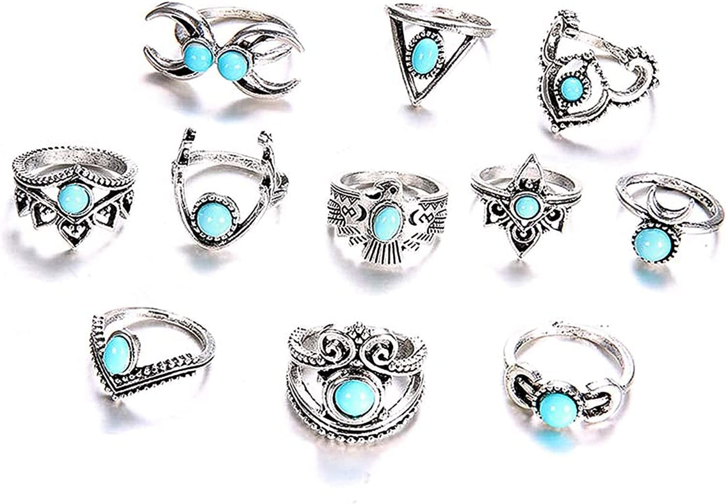 9-15PCS Knuckle Stacking Rings Set for Women Crystal Rhinestone Finger Statement Ring Sets Vintage Joint Knot Mid Rings for Teen Girls Stackable Rings Jewelry Accessories Turquoise-11PCS Silver