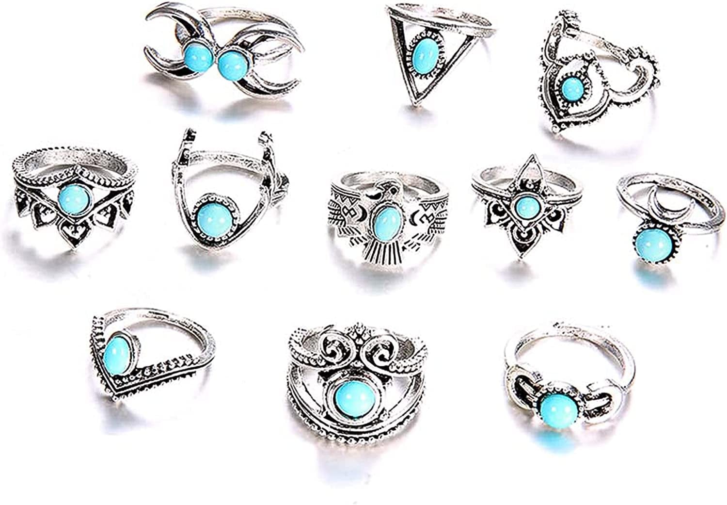 9-15PCS Knuckle Stacking Rings Set for Women Crystal Rhinestone Finger Statement Ring Sets Vintage Joint Knot Mid Rings for Teen Girls Stackable Rings Jewelry Accessories Turquoise-11PCS Silver