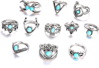 9-15PCS Knuckle Stacking Rings Set for Women Crystal Rhinestone Finger Statement Ring Sets Vintage Joint Knot Mid Rings for Teen Girls Stackable Rings Jewelry Accessories Turquoise-11PCS Silver
