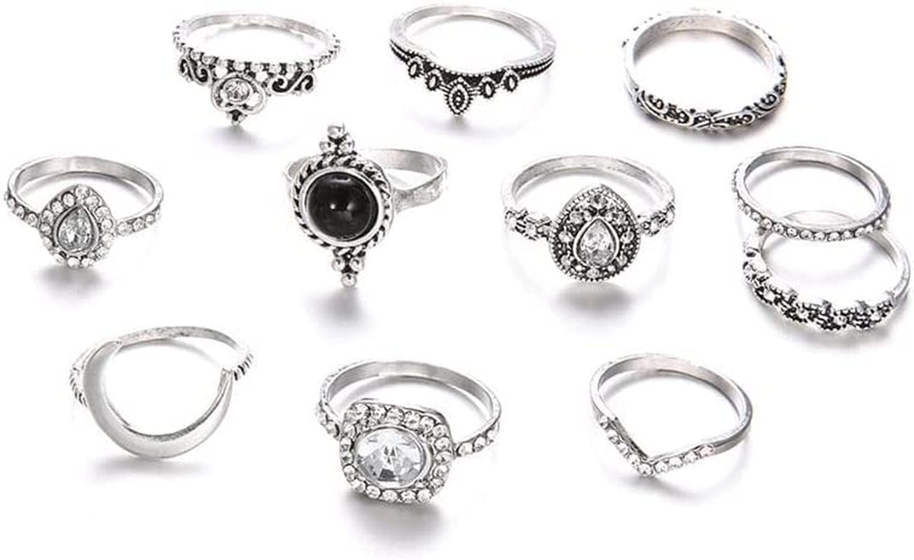 9-15PCS Knuckle Stacking Rings Set for Women Crystal Rhinestone Finger Statement Ring Sets Vintage Joint Knot Mid Rings for Teen Girls Stackable Rings Jewelry Accessories Silver Rhinestone-11PCS