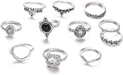 9-15PCS Knuckle Stacking Rings Set for Women Crystal Rhinestone Finger Statement Ring Sets Vintage Joint Knot Mid Rings for Teen Girls Stackable Rings Jewelry Accessories Silver Rhinestone-11PCS