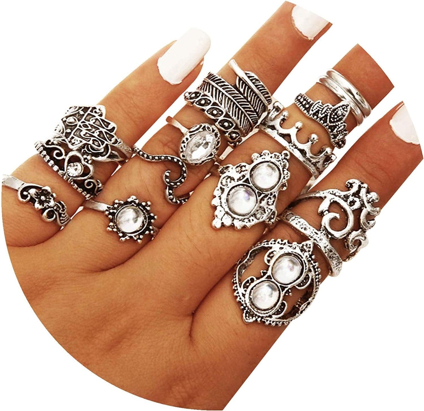 9-15PCS Knuckle Stacking Rings Set for Women Crystal Rhinestone Finger Statement Ring Sets Vintage Joint Knot Mid Rings for Teen Girls Stackable Rings Jewelry Accessories Silver-15PCS