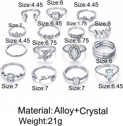 9-15PCS Knuckle Stacking Rings Set for Women Crystal Rhinestone Finger Statement Ring Sets Vintage Joint Knot Mid Rings for Teen Girls Stackable Rings Jewelry Accessories