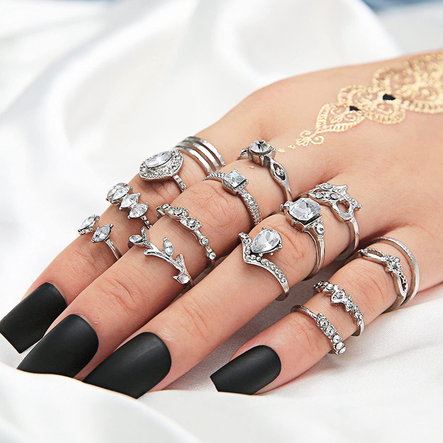 9-15PCS Knuckle Stacking Rings Set for Women Crystal Rhinestone Finger Statement Ring Sets Vintage Joint Knot Mid Rings for Teen Girls Stackable Rings Jewelry Accessories
