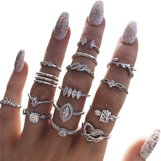 9-15PCS Knuckle Stacking Rings Set for Women Crystal Rhinestone Finger Statement Ring Sets Vintage Joint Knot Mid Rings for Teen Girls Stackable Rings Jewelry Accessories Silver-Cryst Rhinestone