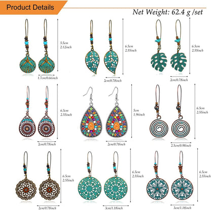 9 Pairs Bohemian Vintage Dangle Earrings Boho Retro Hollow Metal Dangle Drop Earrings for Women Girls