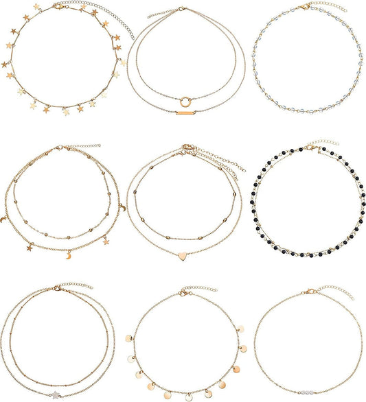 9 Pieces Gold Layering Chain Choker Necklace Layered Pendant Statement Necklace for Women Girls (Style A)