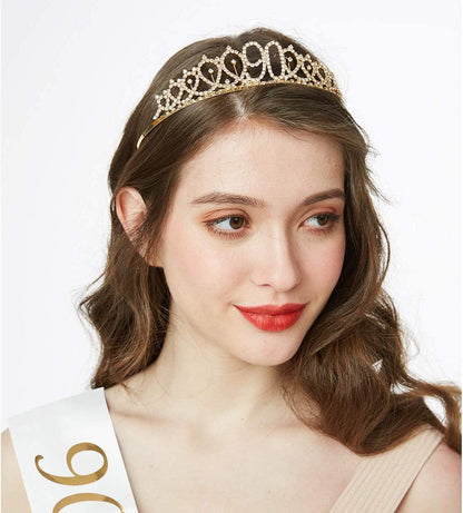 "90 and Fabulous" Sash & Rhinestone Tiara Set - 90Th Birthday Gifts Birthday Sash for Women Birthday Party Supplies (White/Gold) Apparel & Accessories > Clothing Accessories > Sashes ADBetty   