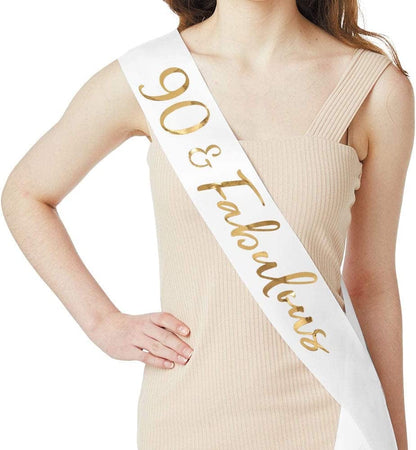 "90 and Fabulous" Sash & Rhinestone Tiara Set - 90Th Birthday Gifts Birthday Sash for Women Birthday Party Supplies (White/Gold) Apparel & Accessories > Clothing Accessories > Sashes ADBetty   