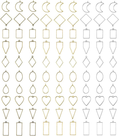 90 Pieces Open Bezel Pendants for Resin, 10 Styles Assorted Metal Geometric Hollow Frame Pendant Blanks Charms Craft Bezels Jewelry Molds for Earrings, Necklace, Making Supplies