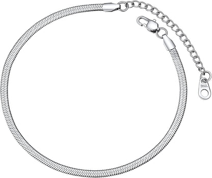 FOCALOOK 18K Gold Plated Flat Snake Chain Link Dainty Ankle Bracelets for Women, Boho Summer Beach Anklet Adjustable Foot Jewelry (4 Colors) Apparel & Accessories > Jewelry > Anklets FOCALOOK JEWELRY C:3mm Steel  