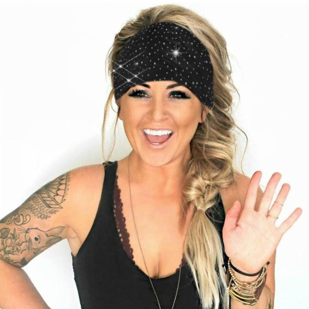 CAKURE Crystal Wide Headbands Rhinestone Bling Head Bands Sparkle Head Scarf Turban Headband Elastic African Head Wraps Sport Hair Bands for Women and Girls Pack of 3 (Set 2) Apparel & Accessories > Clothing Accessories > Bandanas & Headties CAKURE   