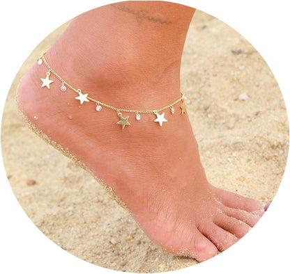 LOYATA Dainty Ankle Bracelet,14K Gold Plated Tiny Bead Anklet Dainty White Cubic Zirconia Cross Tassel Foot Chain Cute Lucky Moon Evil Eye Foot Jewelry Boho Anklets for Women Apparel & Accessories > Jewelry > Anklets LOYATA Star  