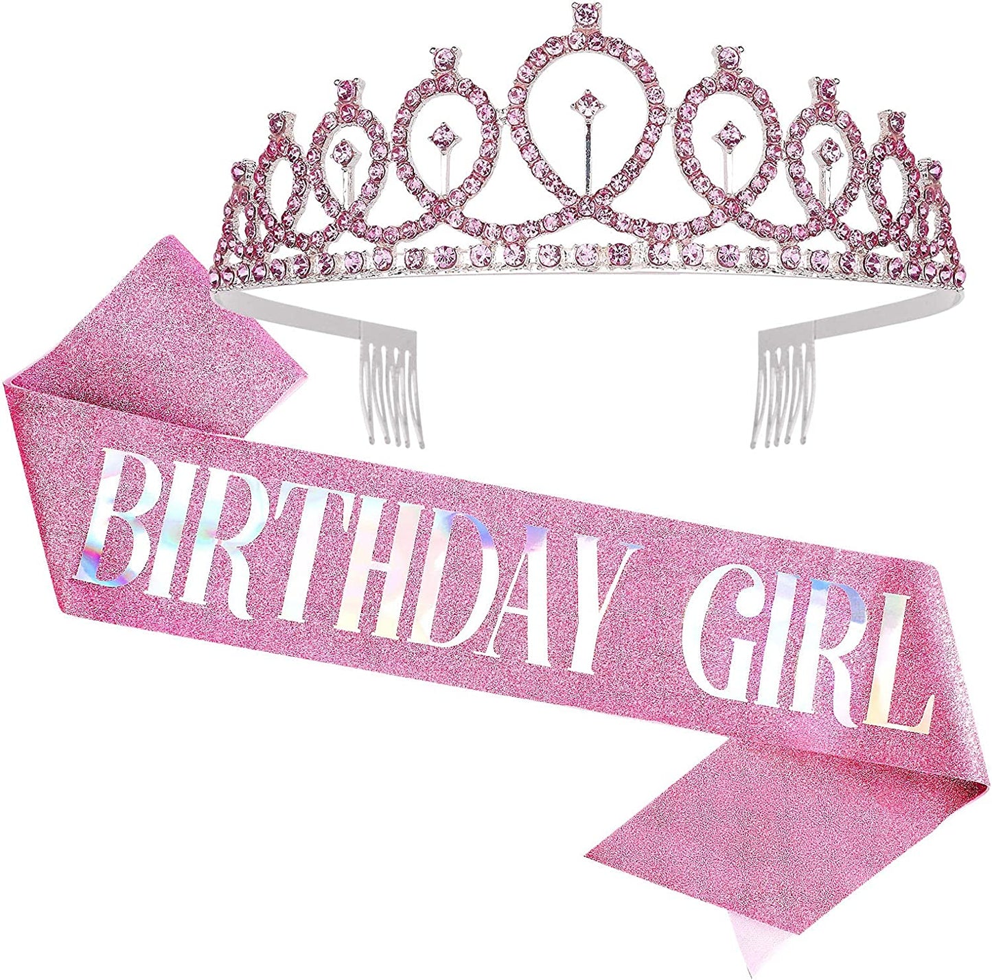 CAVETEE Birthday Crowns for Women Birthday Girl Sash & Rhinestone Tiara Set Birthday Tiaras and Sash for Women Birthday Glitter Birthday Decorations Rose Gold Birthday Girl Crowns Tiaras for Women Apparel & Accessories > Clothing Accessories > Sashes CAVETEE Pink  