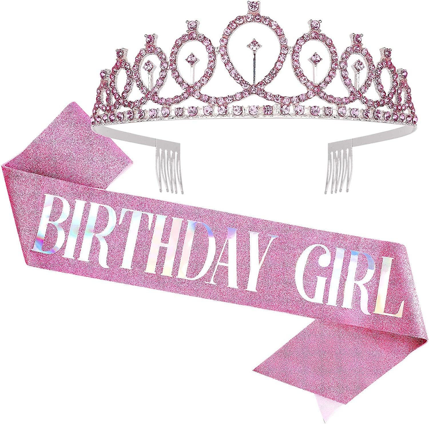 CAVETEE Birthday Crowns for Women Birthday Girl Sash & Rhinestone Tiara Set Birthday Tiaras and Sash for Women Birthday Glitter Birthday Decorations Rose Gold Birthday Girl Crowns Tiaras for Women Apparel & Accessories > Clothing Accessories > Sashes CAVETEE Pink  