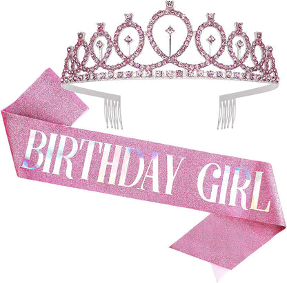 CAVETEE Birthday Crowns for Women Birthday Girl Sash & Rhinestone Tiara Set Birthday Tiaras and Sash for Women Birthday Glitter Birthday Decorations Rose Gold Birthday Girl Crowns Tiaras for Women Apparel & Accessories > Clothing Accessories > Sashes CAVETEE Pink  
