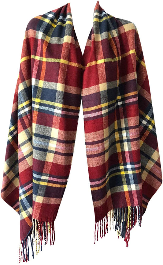 Women Oversized Scottish Clan Tartan Plaid Cashmere Feel Shawl Wrap Winter Scarf (Burgundy Multi Plaid) Apparel & Accessories > Clothing Accessories > Scarves & Shawls Valloowink   