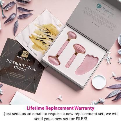Pink Jade Roller and Gua Sha Set. Rose Quartz Roller with Eye Massager, Jade Gua Sha, Ridged Roller Massager. Jade Roller for Face Real Jade 100% Jade Stone Roller. Warm Facial Massager or Ice Roller Health & Beauty > Personal Care > Cosmetics > Cosmetic Tools > Skin Care Tools MoValues   