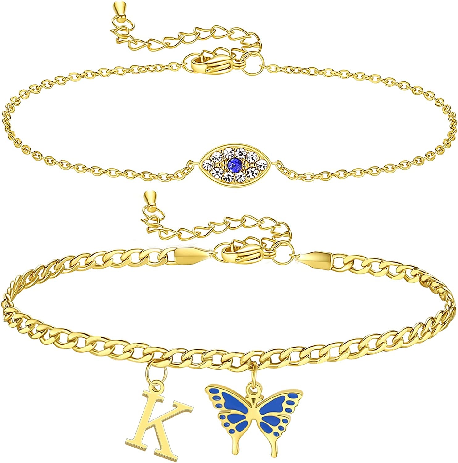 SAM & LORI 2 Pcs Anklets Set 18K Gold Plated Dainty Layered Personalized Initial Anklets Bracelets - Blue Butterfly - Sparkling CZ Evil Eye - Adjustable Summer Jewelry for Women Teen Girls Apparel & Accessories > Jewelry > Anklets SAM & LORI "Butterfly Evil Eye - K  