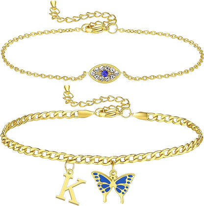 SAM & LORI 2 Pcs Anklets Set 18K Gold Plated Dainty Layered Personalized Initial Anklets Bracelets - Blue Butterfly - Sparkling CZ Evil Eye - Adjustable Summer Jewelry for Women Teen Girls Apparel & Accessories > Jewelry > Anklets SAM & LORI "Butterfly Evil Eye - K  