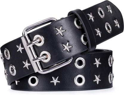 Double Grommet PU Leather Belt for Women/Men Punk Metal Jean Belt Wide 1.5 Inch Apparel & Accessories > Clothing Accessories > Belts XZQTIVE 03 Black Fit Pants 22-35inch 