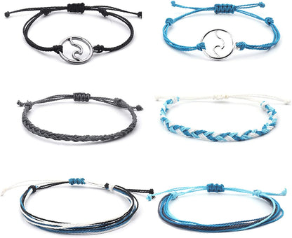 Softones VSCO String Wave Bracelets for Women Girls Handmade Colorful Waterproof Adjustable Braided Beach Bracelet Set for Women Apparel & Accessories > Jewelry > Bracelets Softones C:6Pcs Blue Gray Wave  