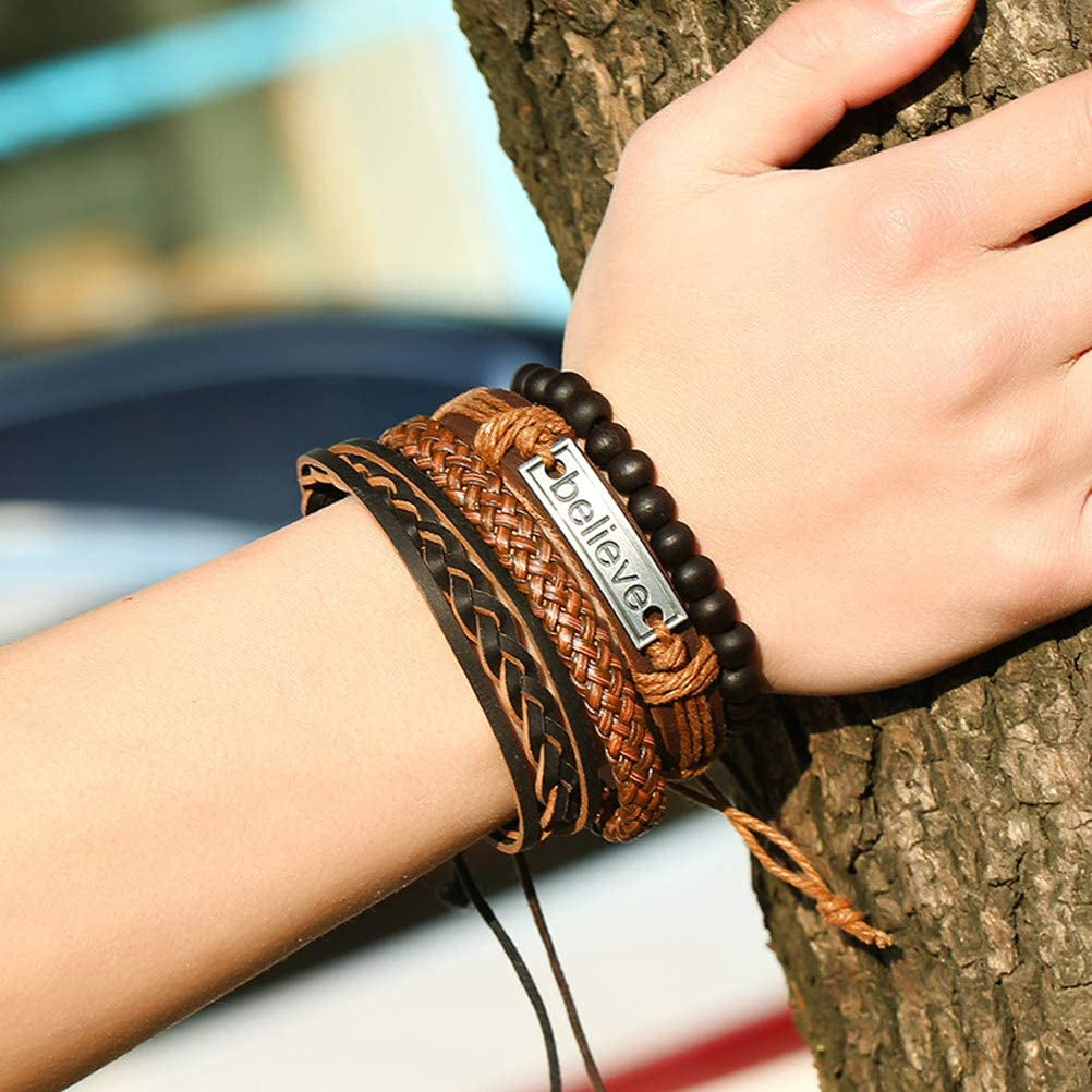 FLDC 4Pcs Braided Leather Wrap Bracelet for Men Women Cuff Bracelet Set Wood Bead Hemp Cord Woven Bracelet Wooden Beaded Multi Layer Wrist Bracelets Wristbands Adjustable Apparel & Accessories > Jewelry > Bracelets FLDC   