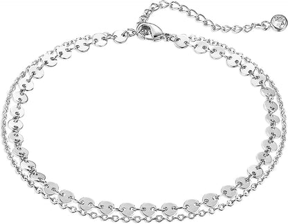 Women Dainty Anklet,14K Gold Plated Satellite Anklet Double Layered Cute Beads Chain Tassel Coin Disc Heart Summer Ankle Bracelet Boho Beach Foot Chain Apparel & Accessories > Jewelry > Anklets Befettly Layered Coin Silver  