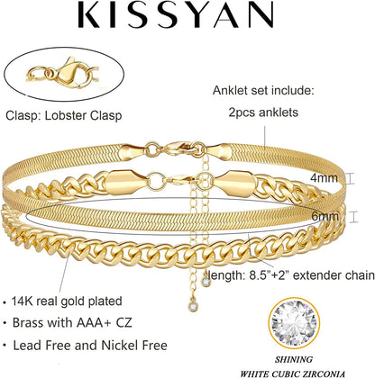 Kissyan Gold Layered Ankle Bracelets for Women, Dainty 14K Gold Plated Layering Anklets Set Adjustable Fashion Cuban Link Snake Tennis Chain Ankles Summer Beach Foot Jewelry Gifts for Women Girls Apparel & Accessories > Jewelry > Anklets KissYan   