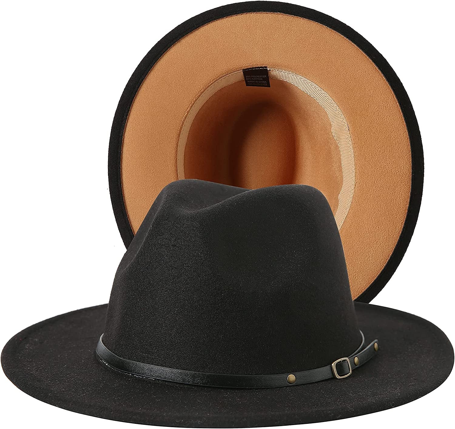 JOYEBUY Women Lady Two Tone Wide Brim Panama Hat Patchwork Colors Classic Fedora Hat with Belt Buckle Apparel & Accessories > Clothing Accessories > Hats JOYEBUY Black/Camel One Size 