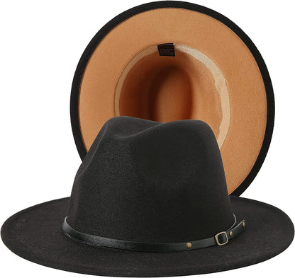 JOYEBUY Women Lady Two Tone Wide Brim Panama Hat Patchwork Colors Classic Fedora Hat with Belt Buckle Apparel & Accessories > Clothing Accessories > Hats JOYEBUY Black/Camel One Size 