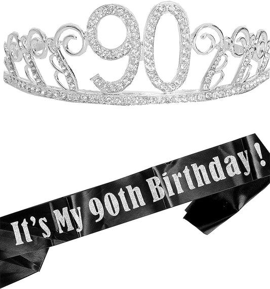 90Th Birthday Sash and Tiara for Women - Fabulous Glitter Sash + Waves Rhinestone Silver Premium Metal Tiara for Her, 90Th Birthday Gifts for 90 Celebration Apparel & Accessories > Clothing Accessories > Sashes MEANT2TOBE   