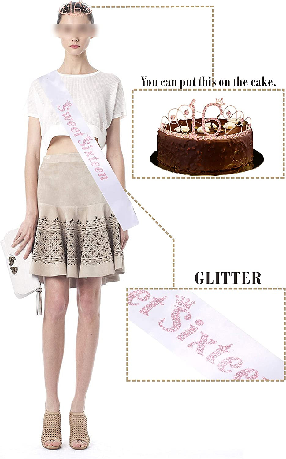 MEANT2TOBE 16Th Birthday Sash and Tiara for Girls - Fabulous Set: Glitter Sash + Basic Rhinestone Pink Premium Metal Tiara, 16Th Birthday Gifts for Sweet 16 Birthday Party Apparel & Accessories > Clothing Accessories > Sashes MEANT2TOBE   