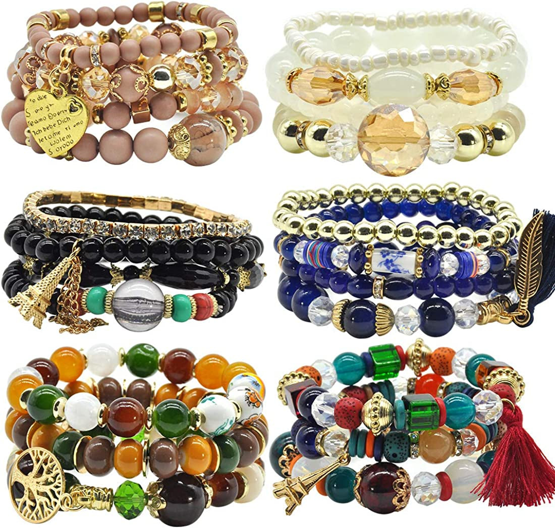 Bohemian Bracelet Sets for Women - 6 Sets Stackable Stretch Bracelets Multi-Color Boho Jewelry for Women Hippie Bracelets Dainty Jewelry Best Friend Gift Apparel & Accessories > Jewelry > Bracelets VONRU Bead bracelet set for women  