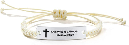 Personalized Unisex Religious Bible Verse Scripture Quotes Bracelet Faith Christian Adjustable Cord Stainless Steel Encourage Inspirational ID Bracelets for Men Women, Christmas Gift Customized Apparel & Accessories > Jewelry > Bracelets Mealguet Beige-I Am With You Always. Matthew 28:20  