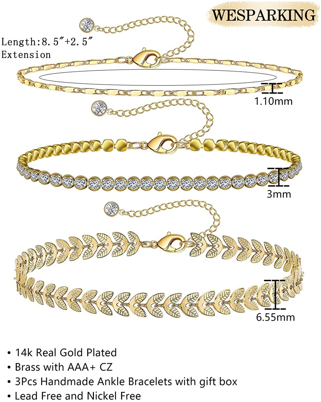 Gold Ankle Bracelets for Women 14K Gold Plated Anklet Silver Tennis Rose Quartz Cross Bead Herringbone Snake Paperclip Chain Cubic Zirconia Dainty Layered Anklet Set 3Pcs Apparel & Accessories > Jewelry > Anklets WeSparking   