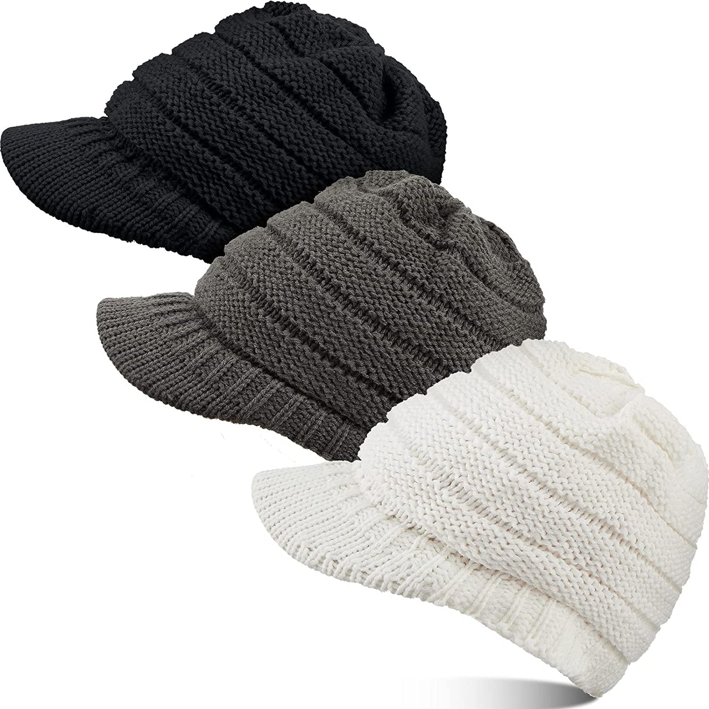 SATINIOR Women Winter Knit Hat Winter Brim Beanie Hats for Women Slouchy Beanie Cap with Visor Warm Newsboy Skull Cap Apparel & Accessories > Clothing Accessories > Hats SATINIOR Black, Dark Grey, White 3 