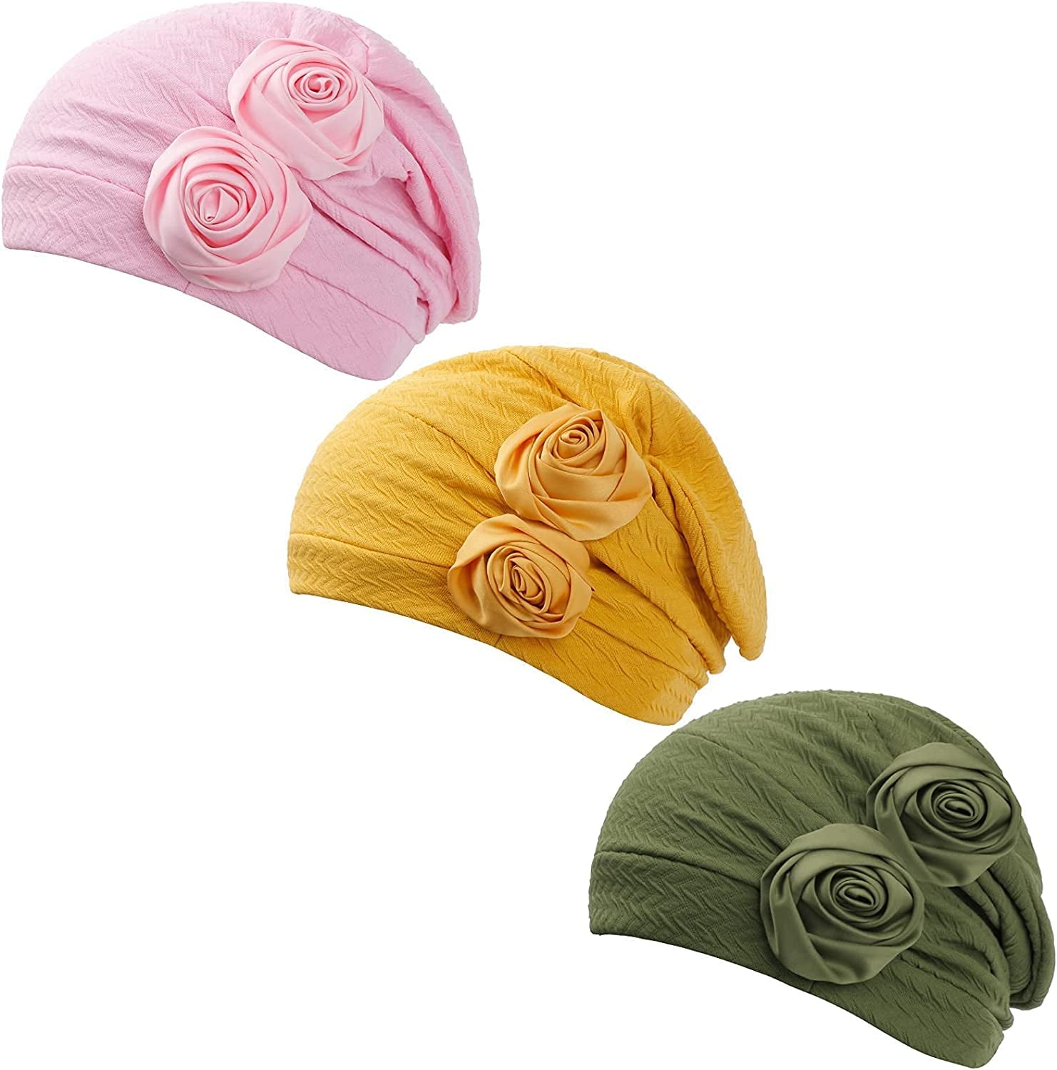 HONENNA Chemo Caps Headwear for Women Turbans Beanies Flowers Hats Headwrap for Cancer Patient Hair Loss Apparel & Accessories > Clothing Accessories > Headwear HONENNA Roses:3 Pack[green+yellow+pink]  