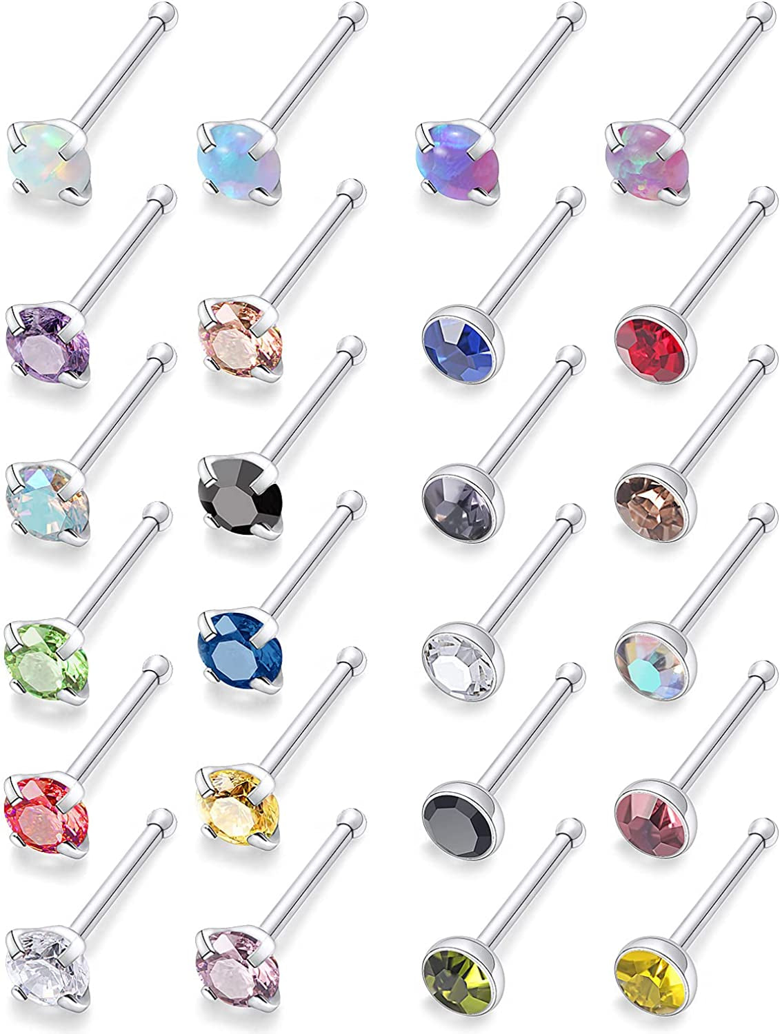 Lsnevsie 18G 20G 22G Stainless Steel Opal Nose Rings Studs for Women Men Nose Piercing Jewelry Top Diamond 1.5Mm 2Mm 2.5Mm 3Mm Apparel & Accessories > Jewelry > Body Jewelry Generic 22G Straight Silver_Top 2mm  
