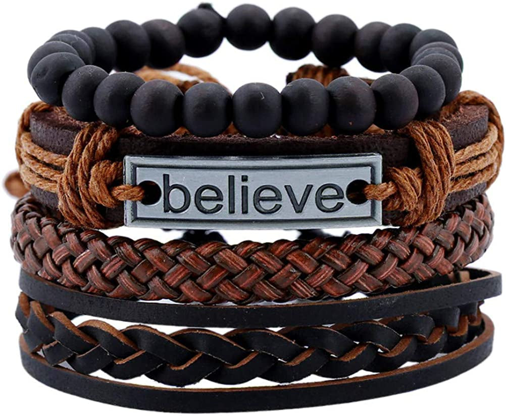 FLDC 4Pcs Braided Leather Wrap Bracelet for Men Women Cuff Bracelet Set Wood Bead Hemp Cord Woven Bracelet Wooden Beaded Multi Layer Wrist Bracelets Wristbands Adjustable Apparel & Accessories > Jewelry > Bracelets FLDC   